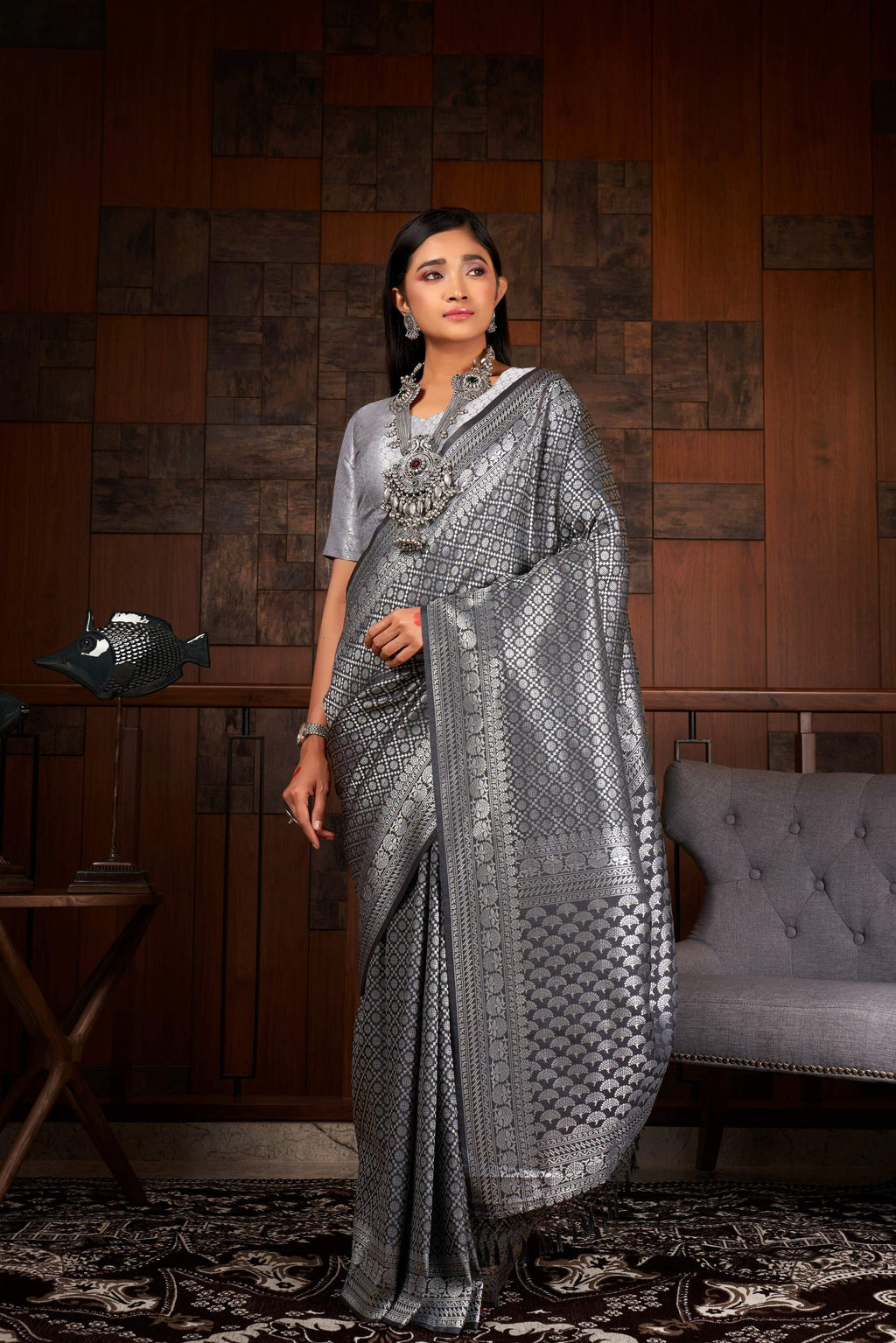 Vardha Platinum Grey Silver Zari Rudrakshas Kanjeevaram Silk Saree | Grocsy