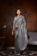 Vardha Platinum Grey Silver Zari Rudrakshas Kanjeevaram Silk Saree | Grocsy
