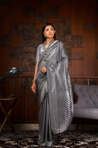Vardha Platinum Grey Silver Zari Rudrakshas Kanjeevaram Silk Saree | Grocsy
