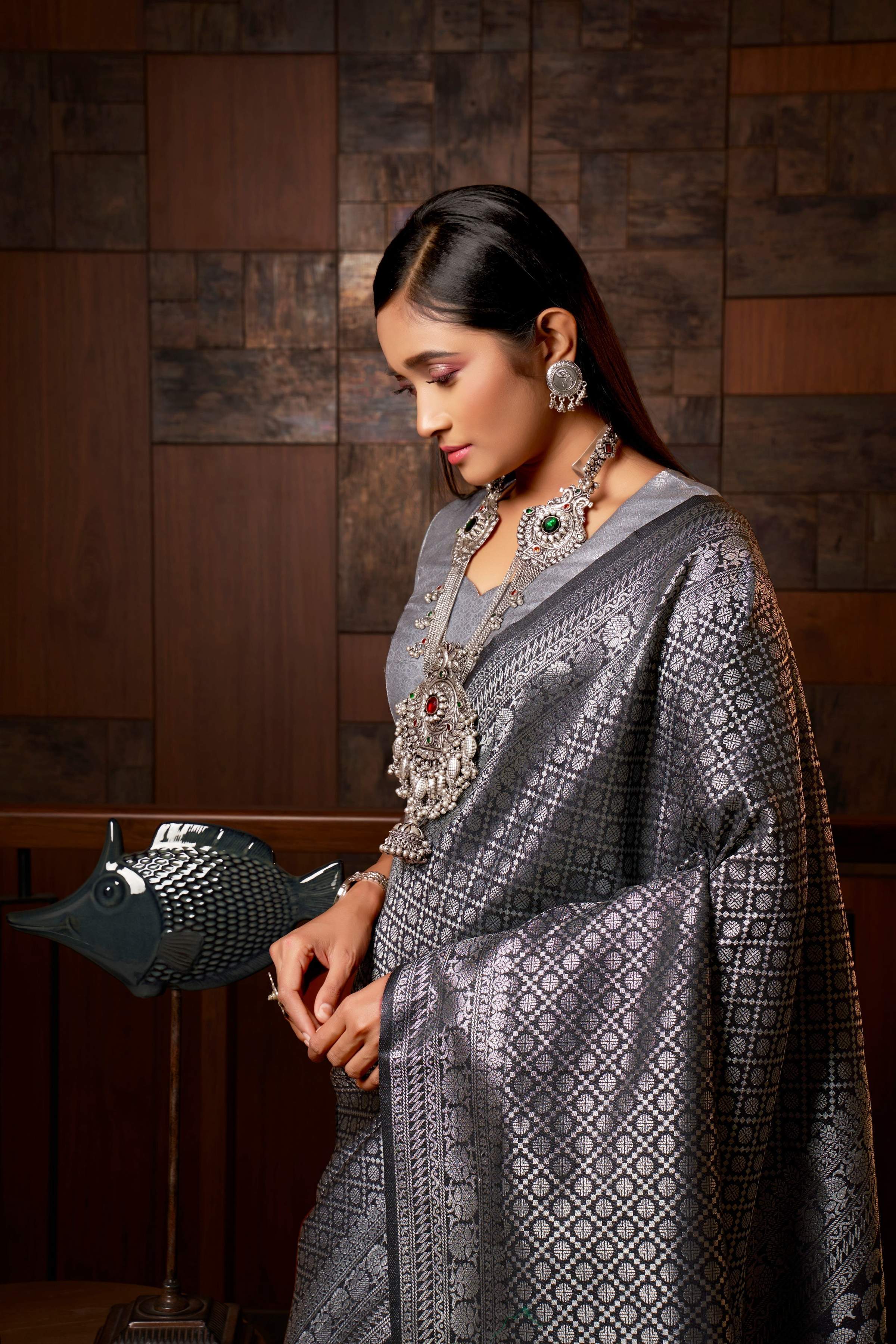 Vardha Platinum Grey Silver Zari Rudrakshas Kanjeevaram Silk Saree | Grocsy