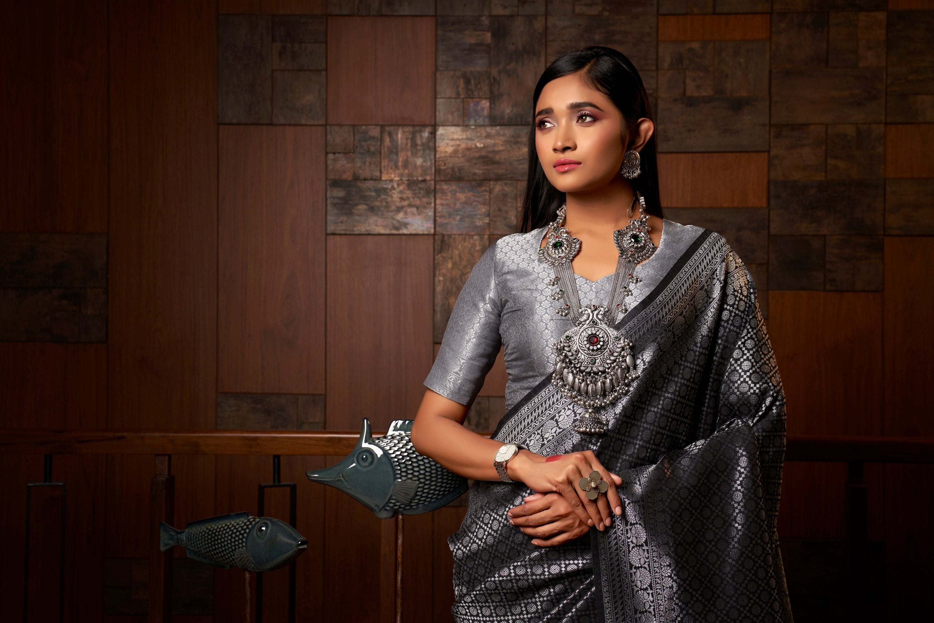 Vardha Platinum Grey Silver Zari Rudrakshas Kanjeevaram Silk Saree | Grocsy