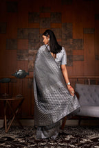 Vardha Platinum Grey Silver Zari Rudrakshas Kanjeevaram Silk Saree | Grocsy