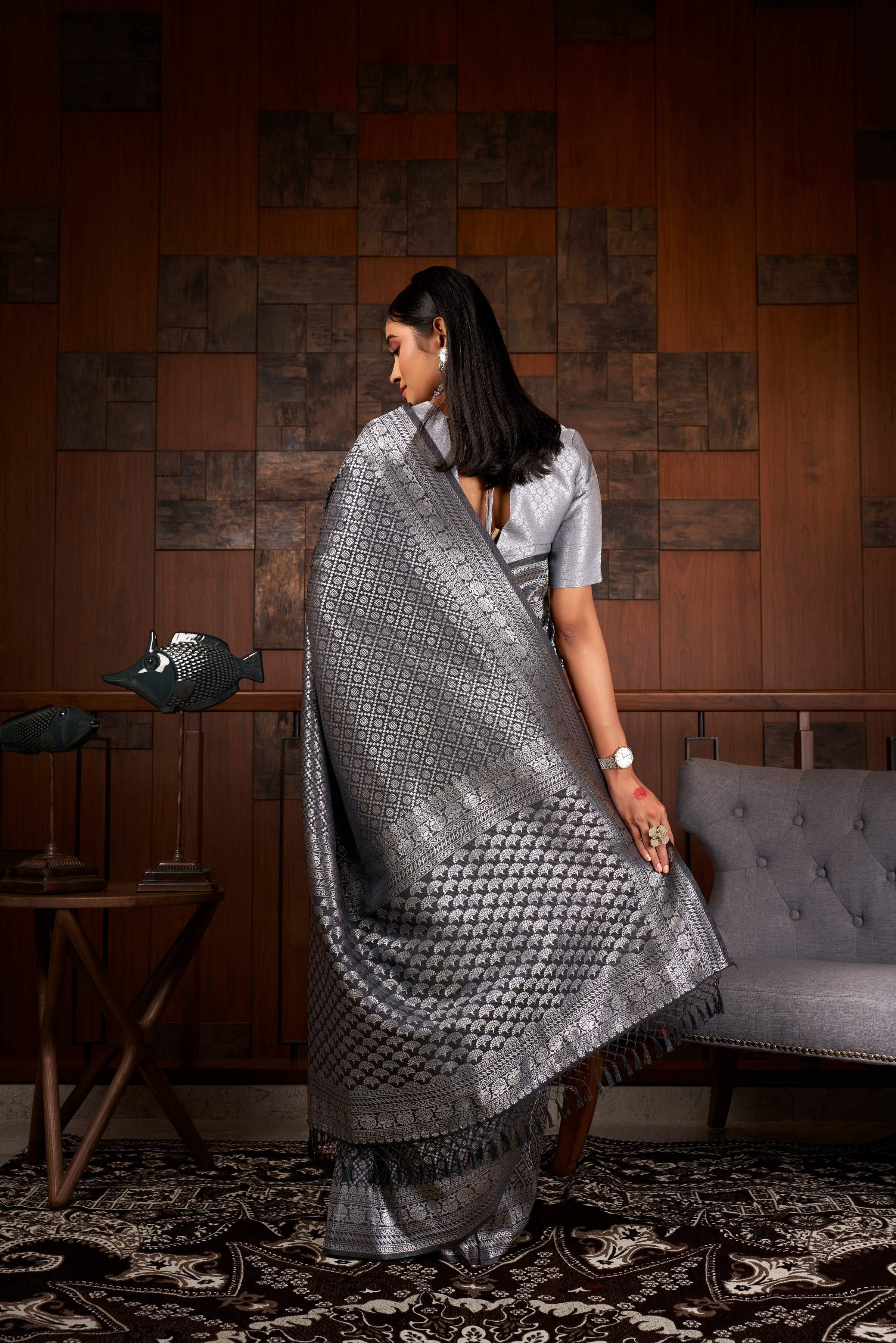 Vardha Platinum Grey Silver Zari Rudrakshas Kanjeevaram Silk Saree | Grocsy