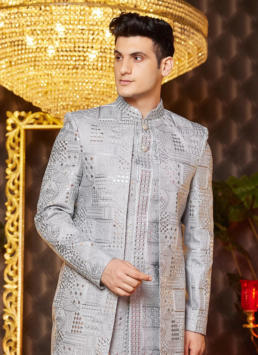 Raivat Ethnic Mens Art Silk Thread Work Indo Western In Grey Colour | Grocsy