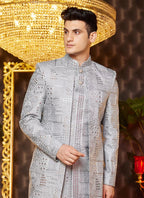 Raivat Ethnic Mens Art Silk Thread Work Indo Western In Grey Colour | Grocsy