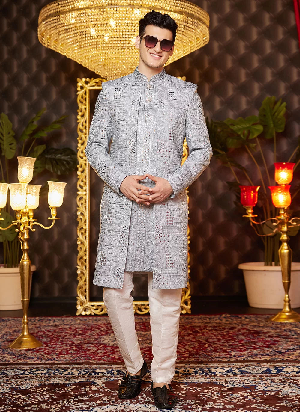 Raivat Ethnic Mens Art Silk Thread Work Indo Western In Grey Colour | Grocsy