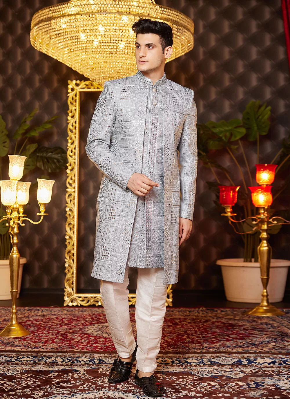 Raivat Ethnic Mens Art Silk Thread Work Indo Western In Grey Colour | Grocsy