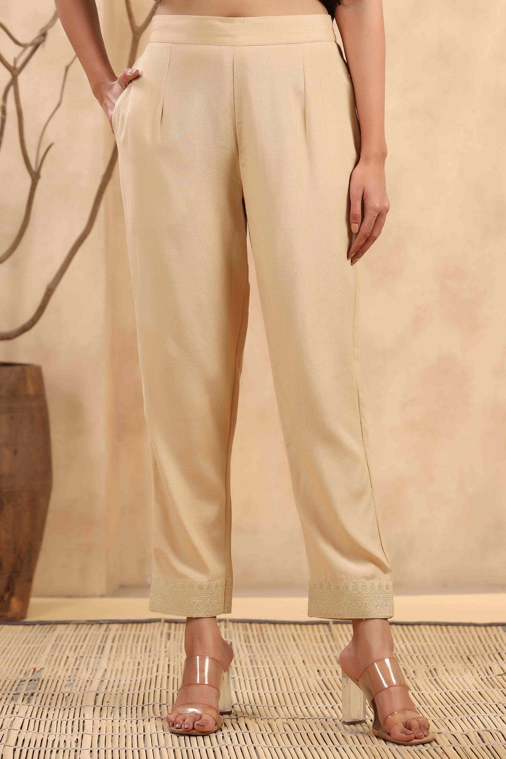 Juniper Gold Rayon Casual Wear Solid Straight Pants | Grocsy