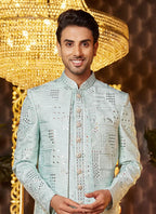 Raivat Ethnic Mens Art Silk Thread Work Indo Western In Pista Green Colour | Grocsy