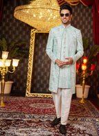 Raivat Ethnic Mens Art Silk Thread Work Indo Western In Pista Green Colour | Grocsy