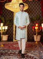 Raivat Ethnic Mens Art Silk Thread Work Indo Western In Pista Green Colour | Grocsy
