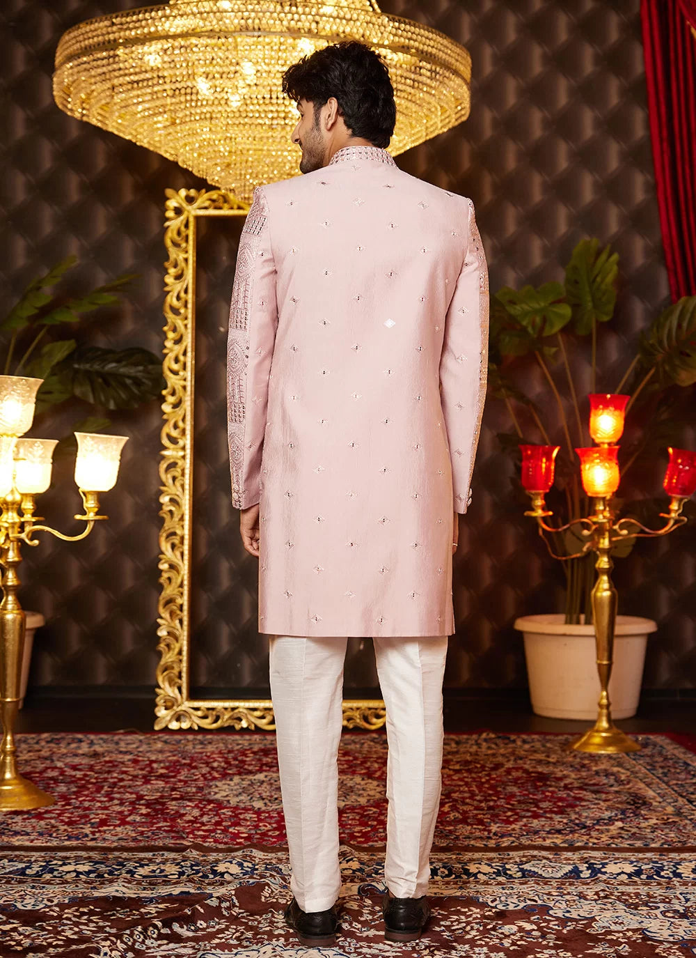 Raivat Ethnic Mens Art Silk Thread Work Indo Western In Onion Pink Colour | Grocsy