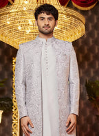 Raivat Ethnic Mens Art Silk Thread Work Indo Western In Grey Colour | Grocsy