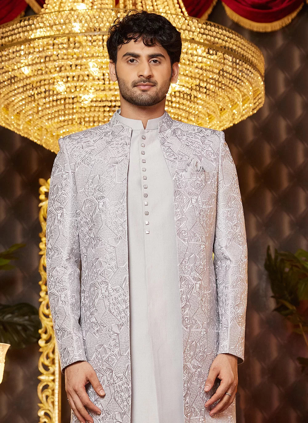Raivat Ethnic Mens Art Silk Thread Work Indo Western In Grey Colour | Grocsy