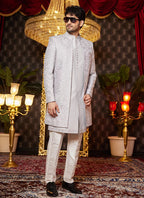 Raivat Ethnic Mens Art Silk Thread Work Indo Western In Grey Colour | Grocsy