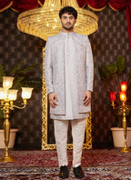 Raivat Ethnic Mens Art Silk Thread Work Indo Western In Grey Colour | Grocsy