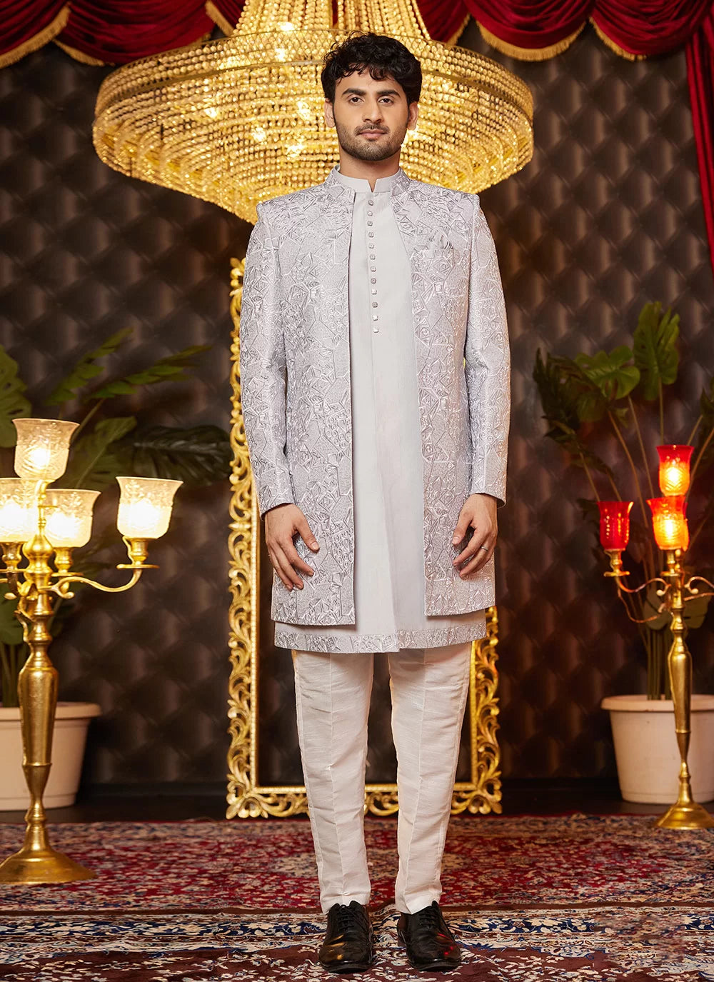 Raivat Ethnic Mens Art Silk Thread Work Indo Western In Grey Colour | Grocsy