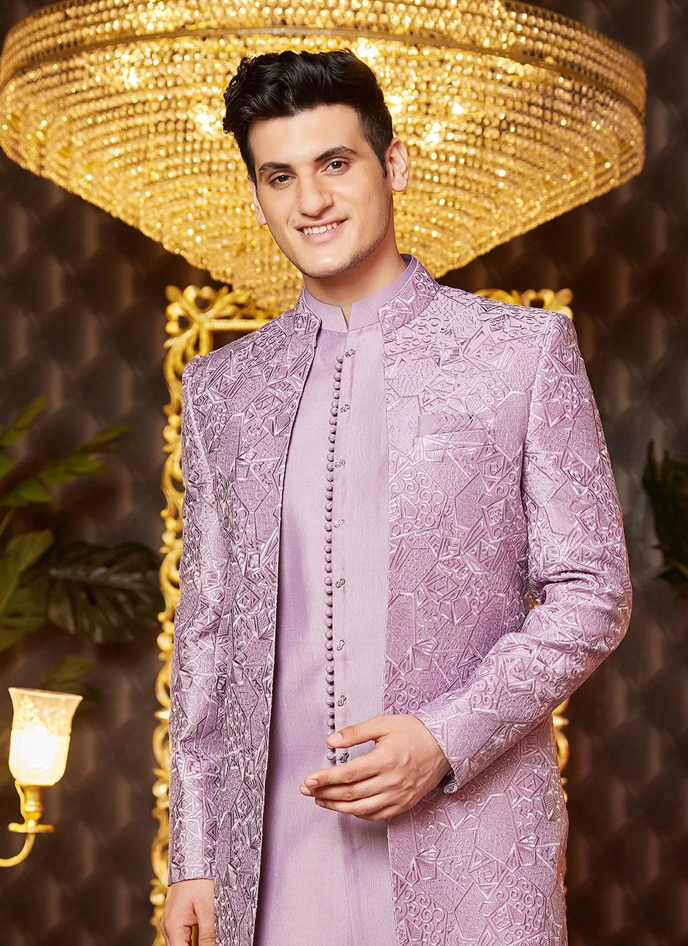 Raivat Ethnic Mens Art Silk Thread Work Indo Western In Light Purple Colour | Grocsy