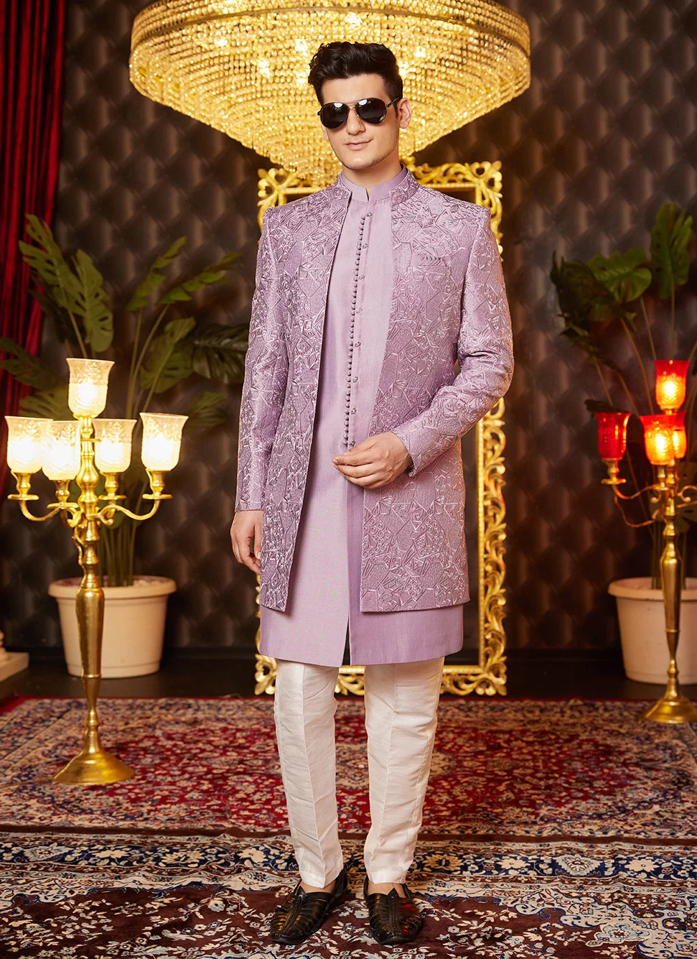 Raivat Ethnic Mens Art Silk Thread Work Indo Western In Light Purple Colour | Grocsy