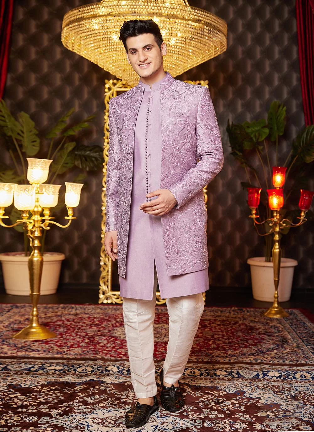 Raivat Ethnic Mens Art Silk Thread Work Indo Western In Light Purple Colour | Grocsy
