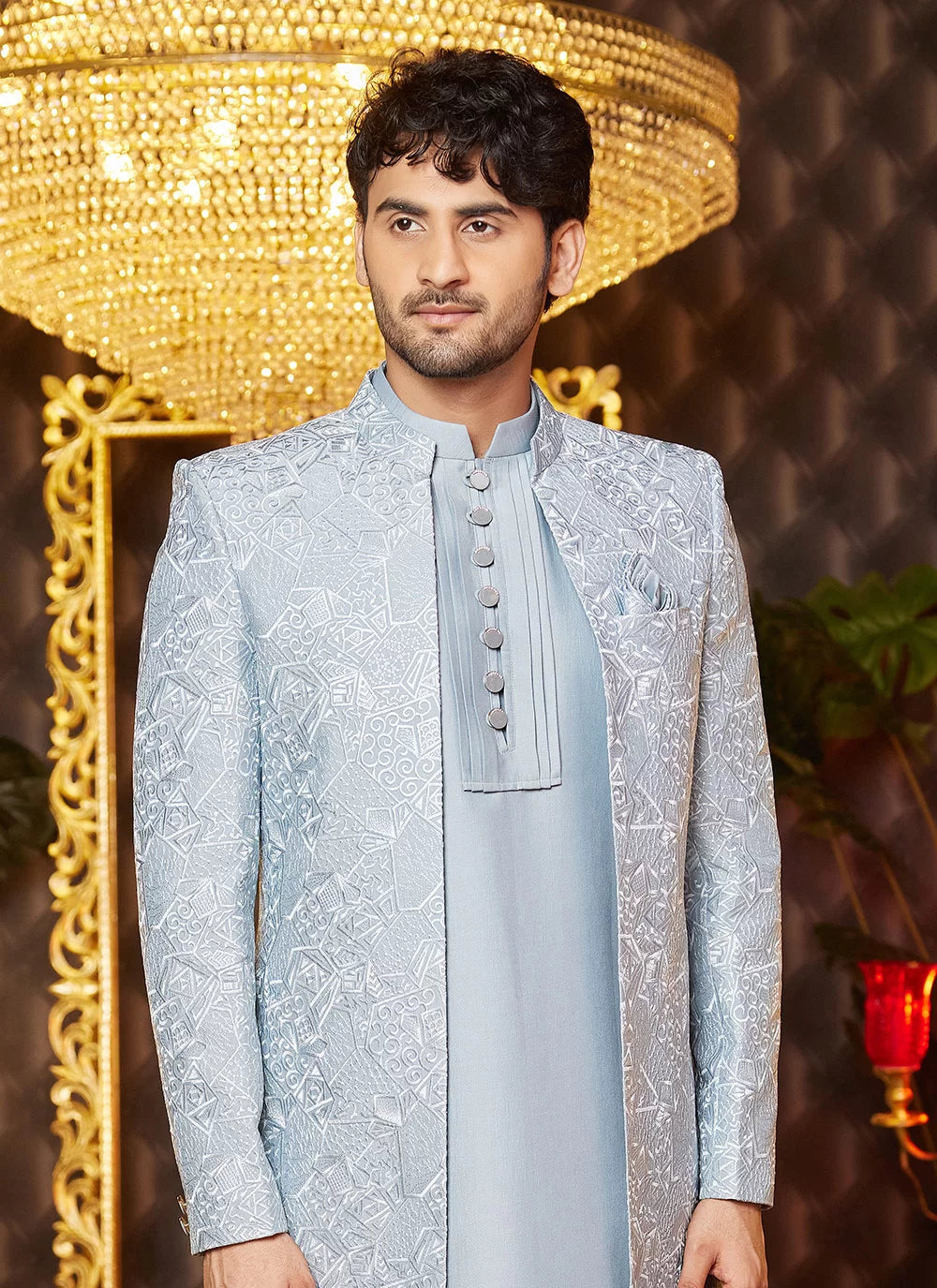 Raivat Ethnic Mens Art Silk Thread Work Indo Western In Grey Blue Colour | Grocsy