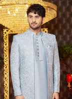 Raivat Ethnic Mens Art Silk Thread Work Indo Western In Grey Blue Colour | Grocsy