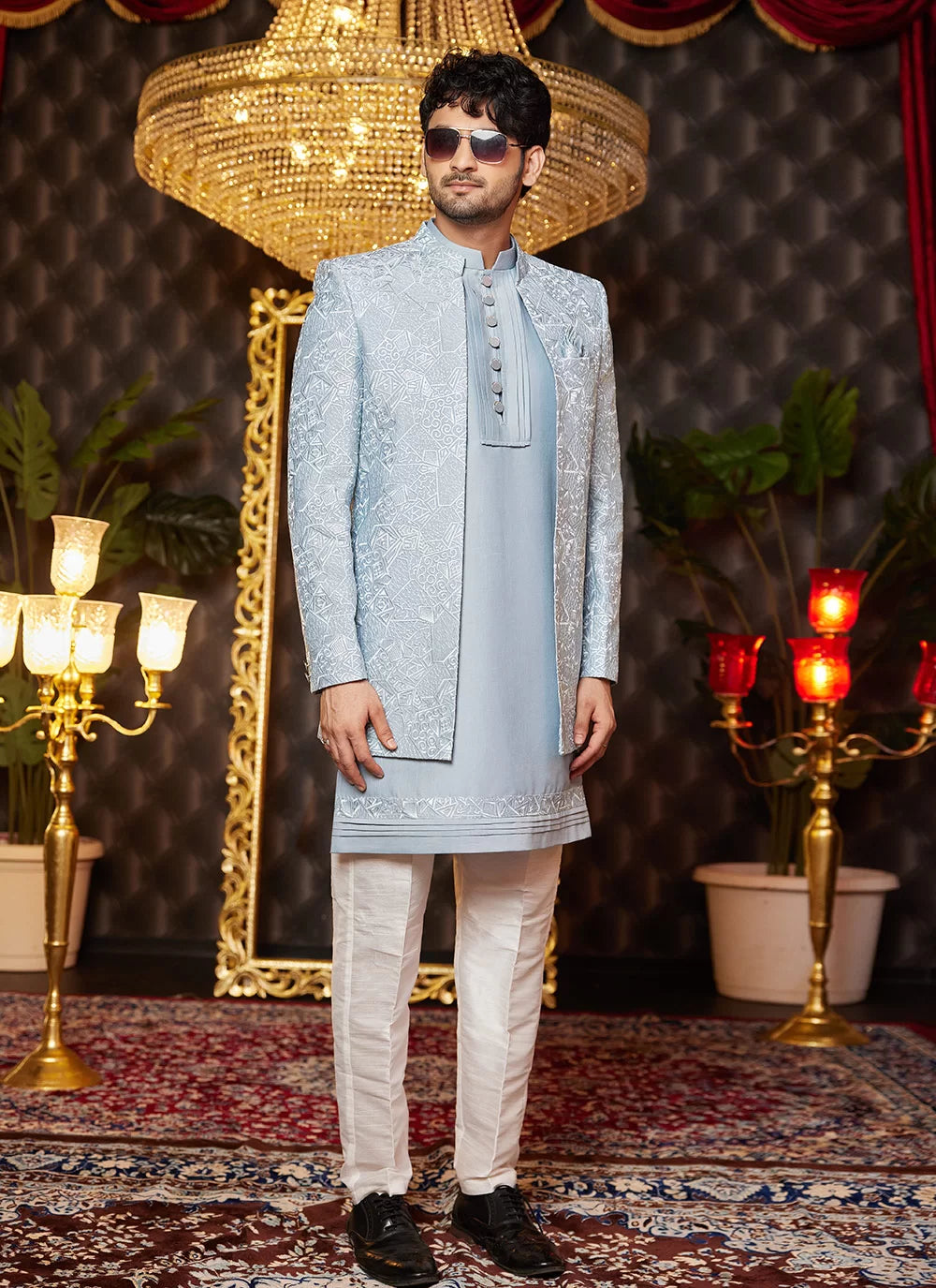 Raivat Ethnic Mens Art Silk Thread Work Indo Western In Grey Blue Colour | Grocsy