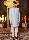 Raivat Ethnic Mens Art Silk Thread Work Indo Western In Grey Blue Colour | Grocsy