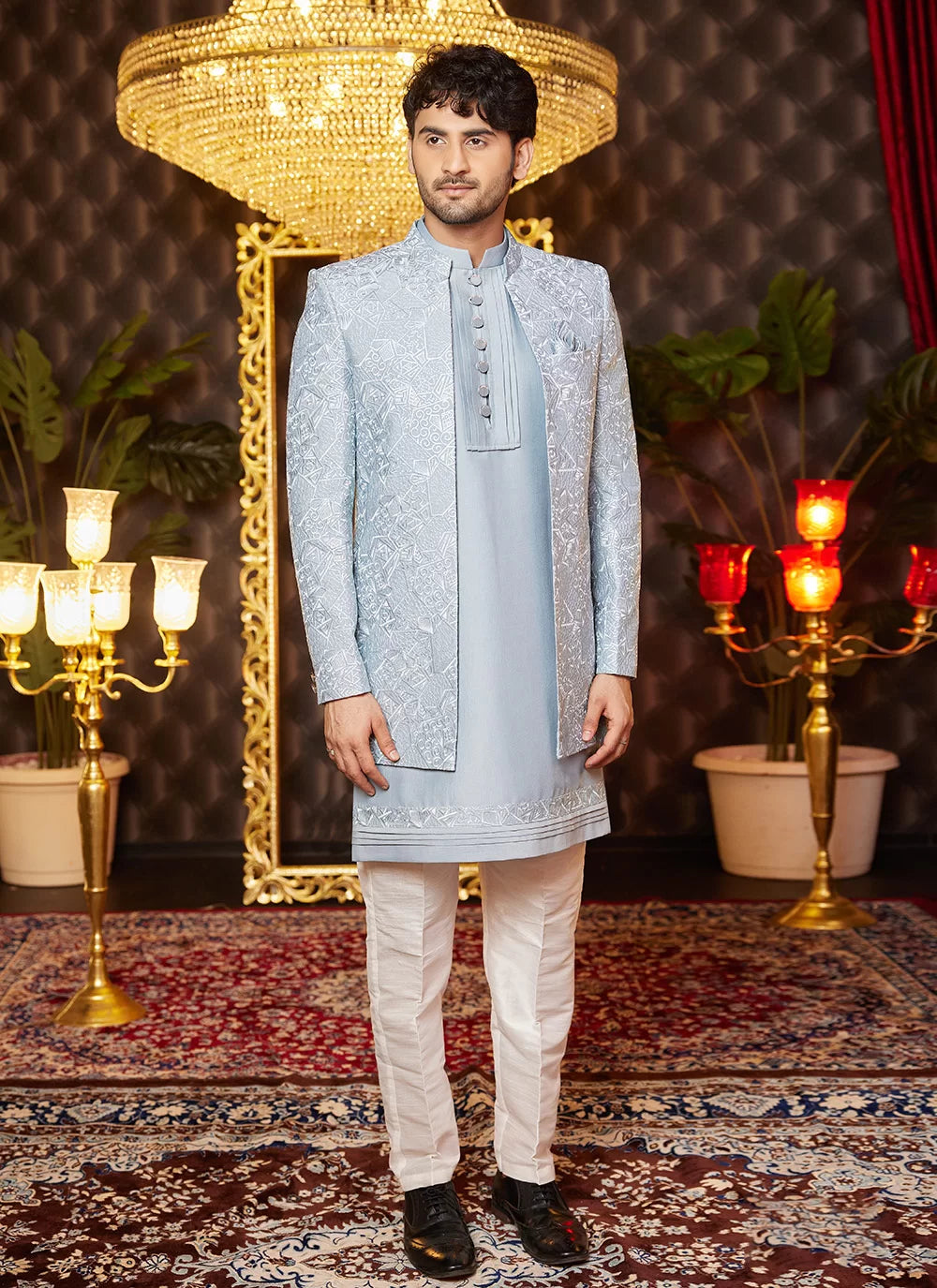 Raivat Ethnic Mens Art Silk Thread Work Indo Western In Grey Blue Colour | Grocsy
