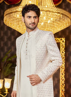 Raivat Ethnic Mens Art Silk Thread Work Indo Western In Cream Colour | Grocsy