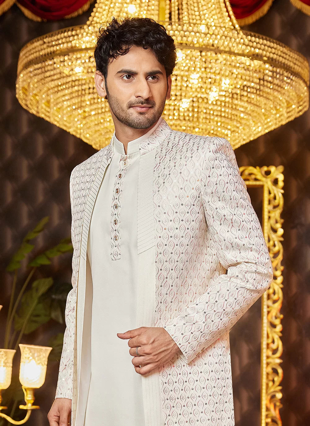 Raivat Ethnic Mens Art Silk Thread Work Indo Western In Cream Colour | Grocsy
