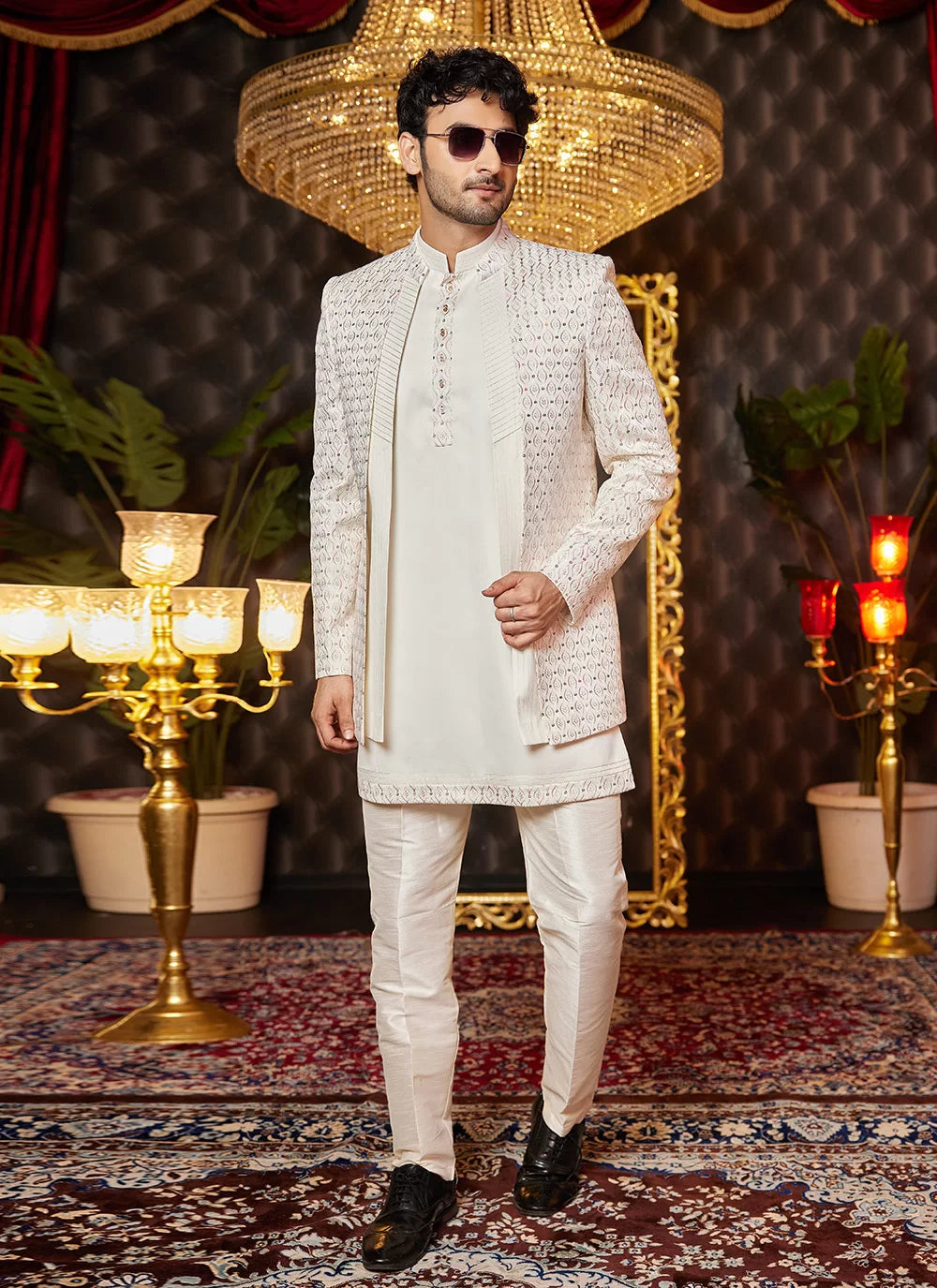 Raivat Ethnic Mens Art Silk Thread Work Indo Western In Cream Colour | Grocsy
