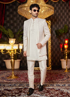 Raivat Ethnic Mens Art Silk Thread Work Indo Western In Cream Colour | Grocsy