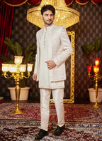 Raivat Ethnic Mens Art Silk Thread Work Indo Western In Cream Colour | Grocsy