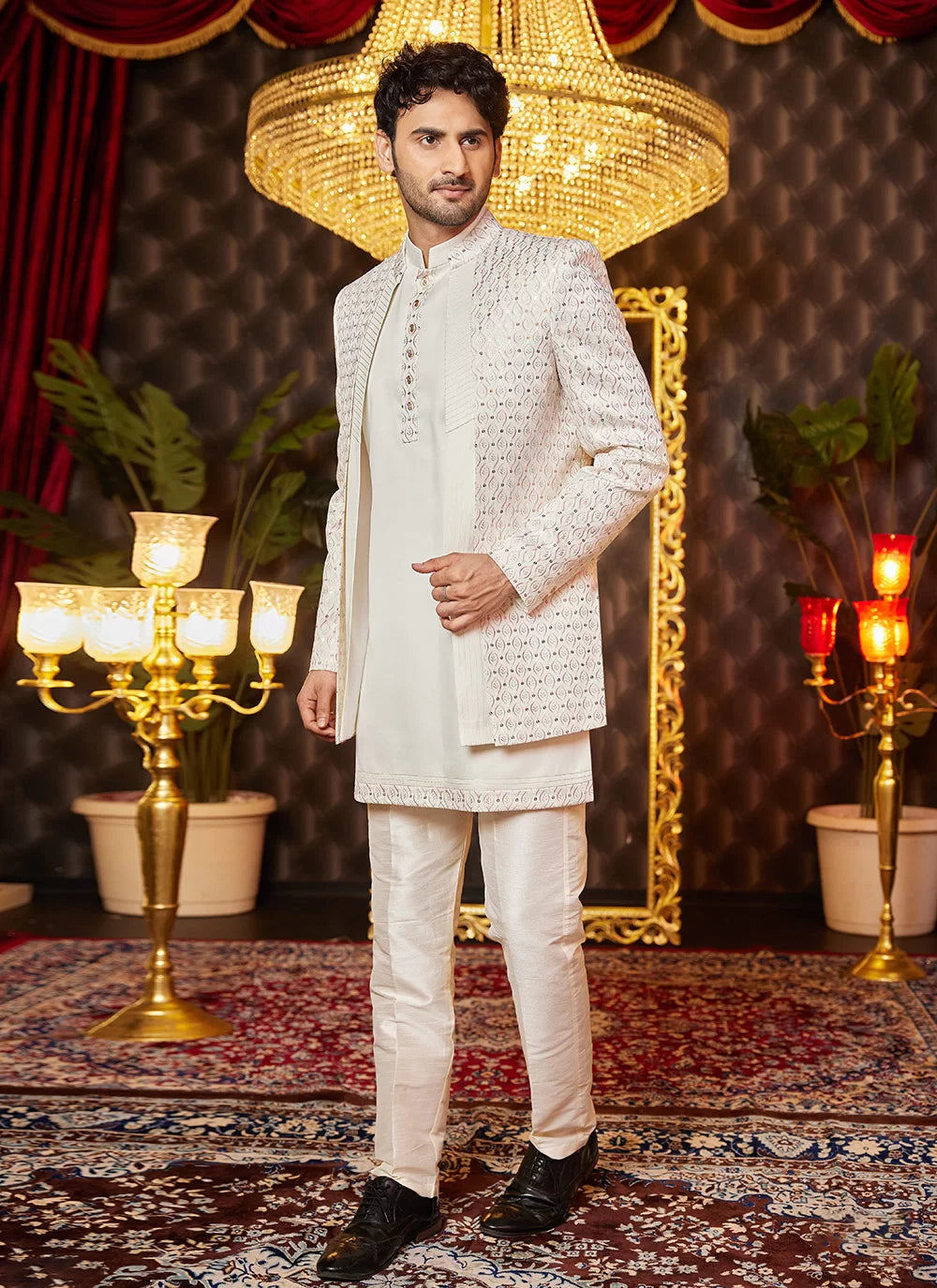 Raivat Ethnic Mens Art Silk Thread Work Indo Western In Cream Colour | Grocsy