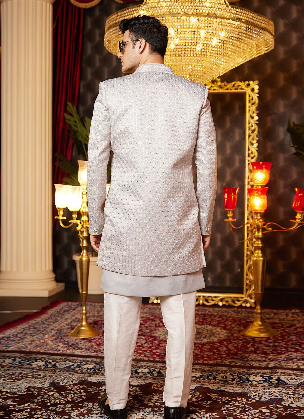 Raivat Ethnic Mens Art Silk Thread Work Indo Western In Grey Colour | Grocsy
