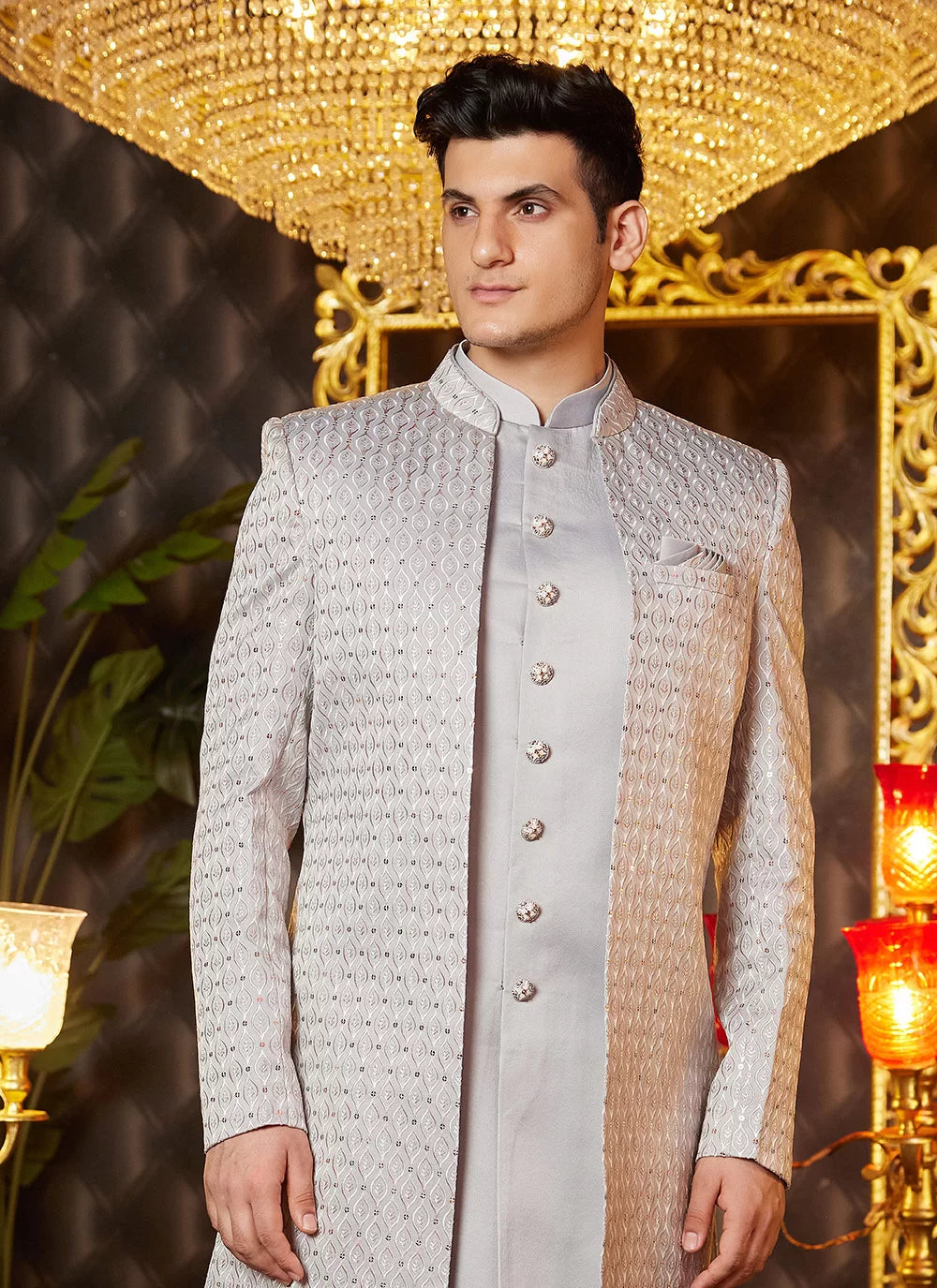 Raivat Ethnic Mens Art Silk Thread Work Indo Western In Grey Colour | Grocsy