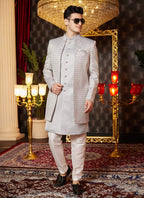 Raivat Ethnic Mens Art Silk Thread Work Indo Western In Grey Colour | Grocsy