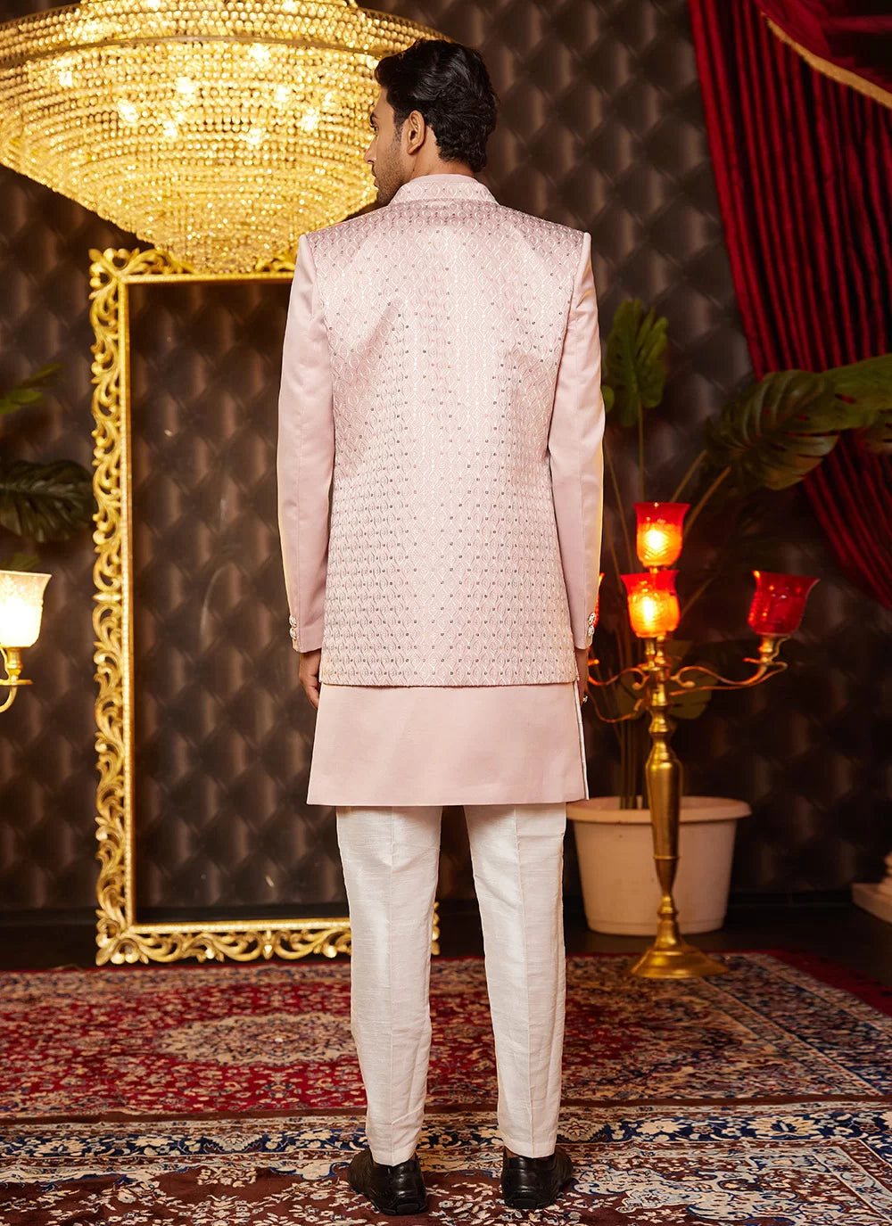 Raivat Ethnic Mens Art Silk Thread Work Indo Western In Onion Pink Colour | Grocsy
