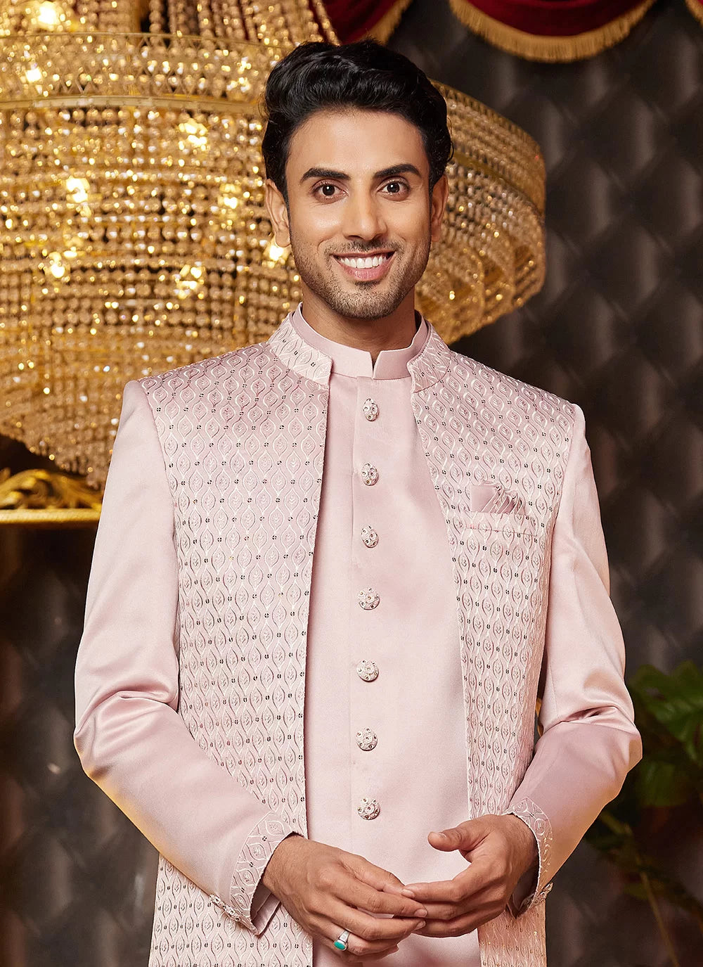 Raivat Ethnic Mens Art Silk Thread Work Indo Western In Onion Pink Colour | Grocsy