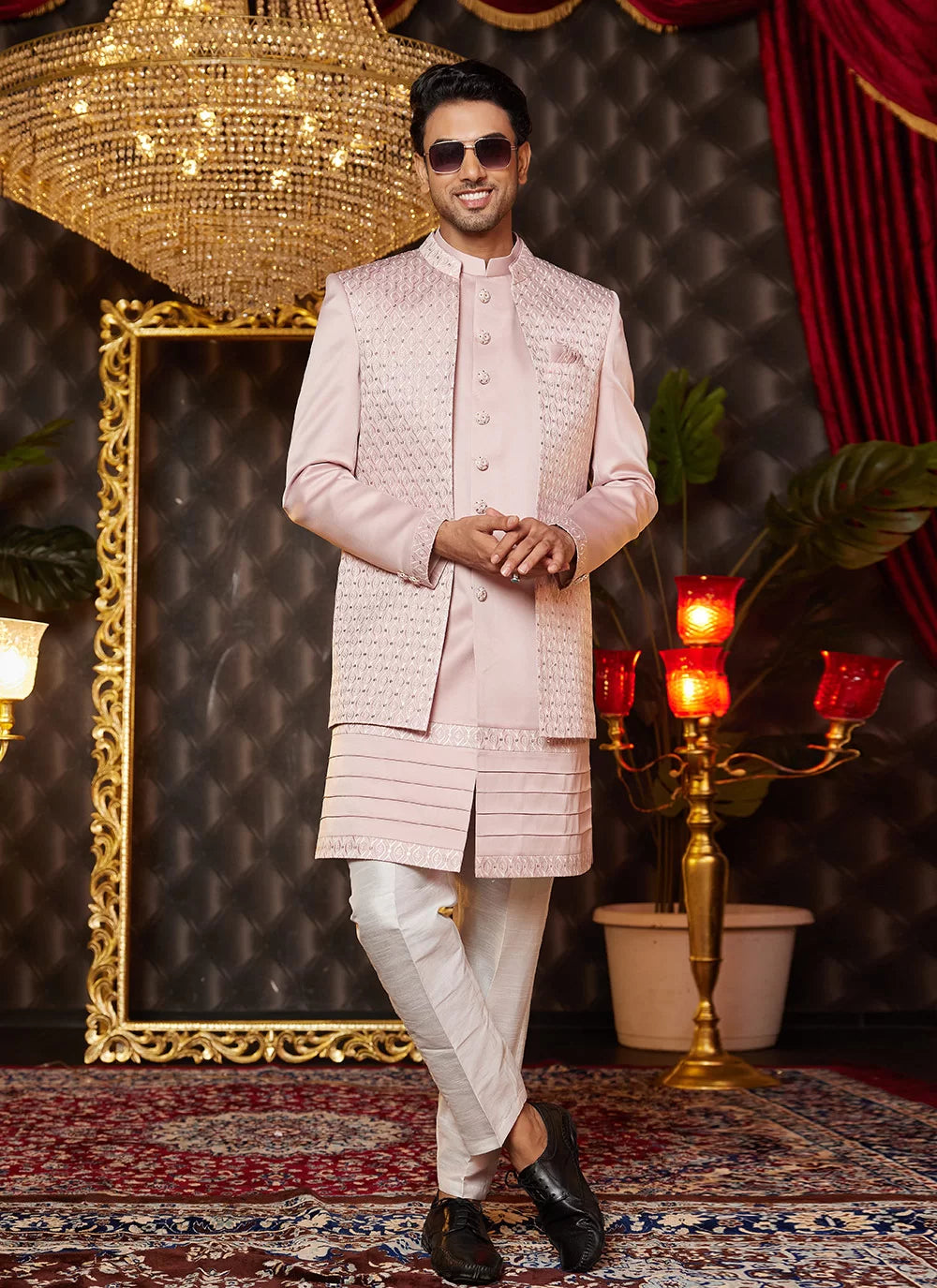 Raivat Ethnic Mens Art Silk Thread Work Indo Western In Onion Pink Colour | Grocsy
