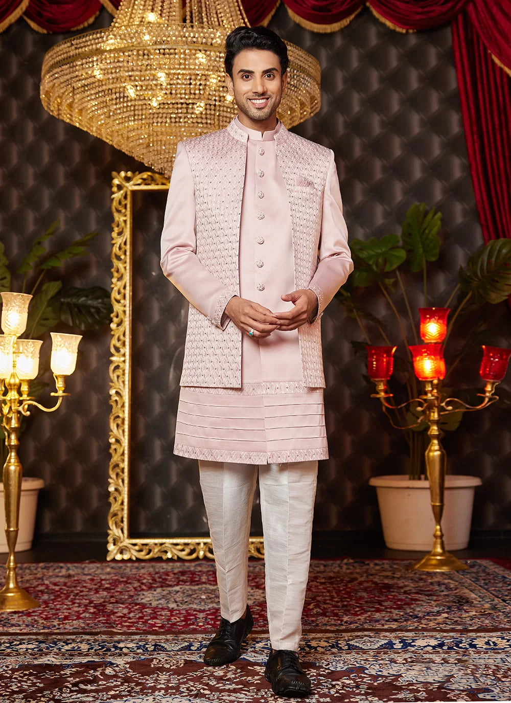 Raivat Ethnic Mens Art Silk Thread Work Indo Western In Onion Pink Colour | Grocsy
