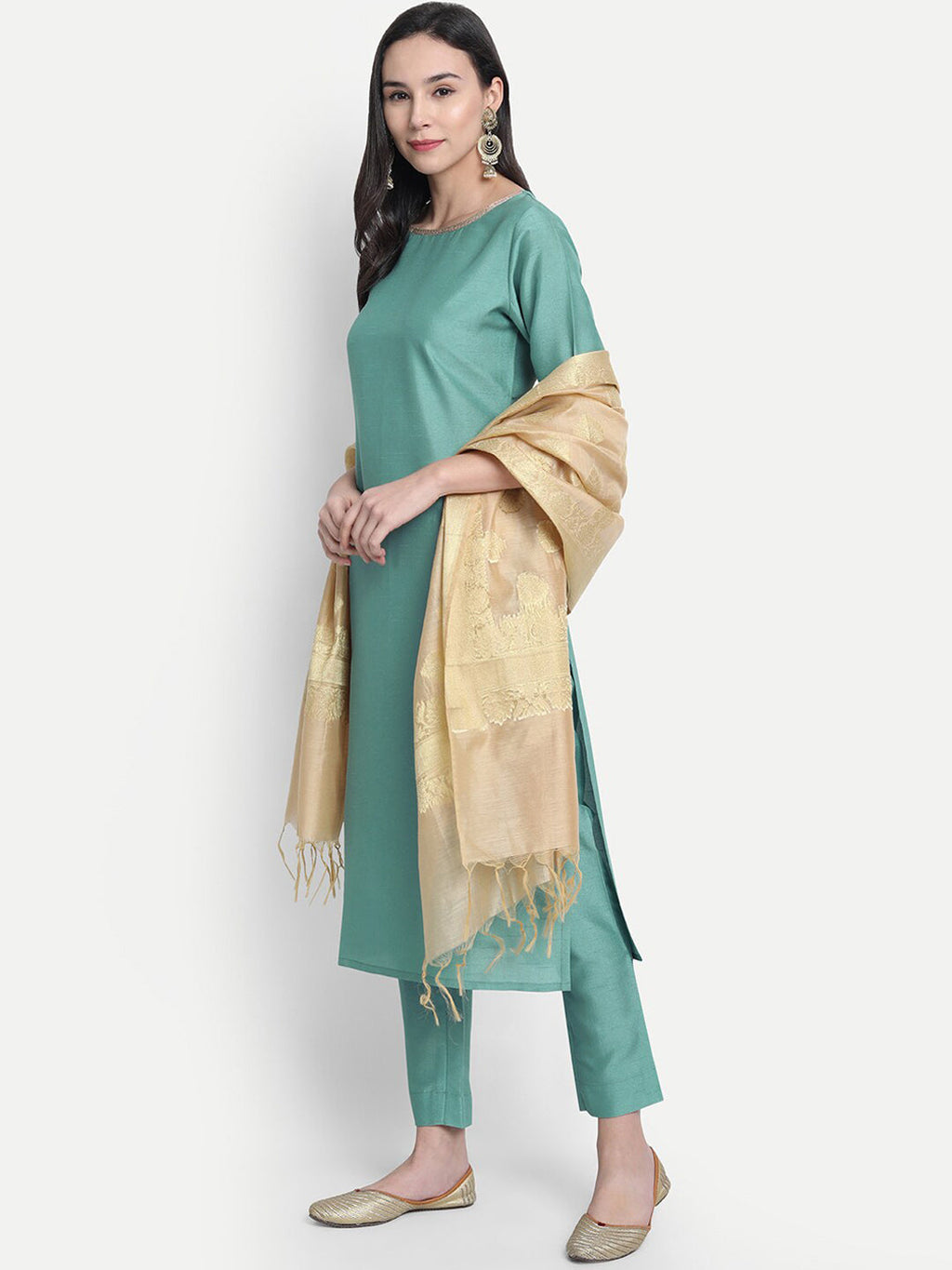 Janasya Women Green Solid Straight Kurta & Trousers With Dupatta | Grocsy