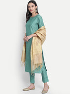 Janasya Women Green Solid Straight Kurta & Trousers With Dupatta | Grocsy