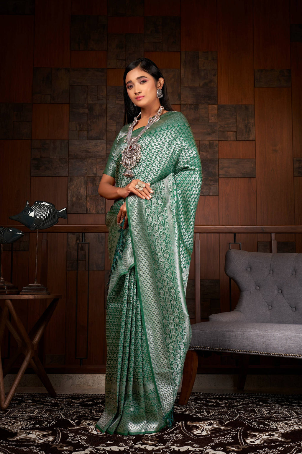 Vardha Teal Green Silver Zari Kanjeevaram Silk Saree | Grocsy