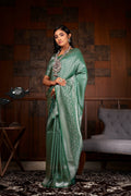 Vardha Teal Green Silver Zari Kanjeevaram Silk Saree | Grocsy