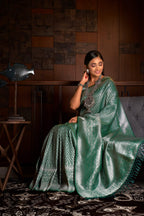 Vardha Teal Green Silver Zari Kanjeevaram Silk Saree | Grocsy
