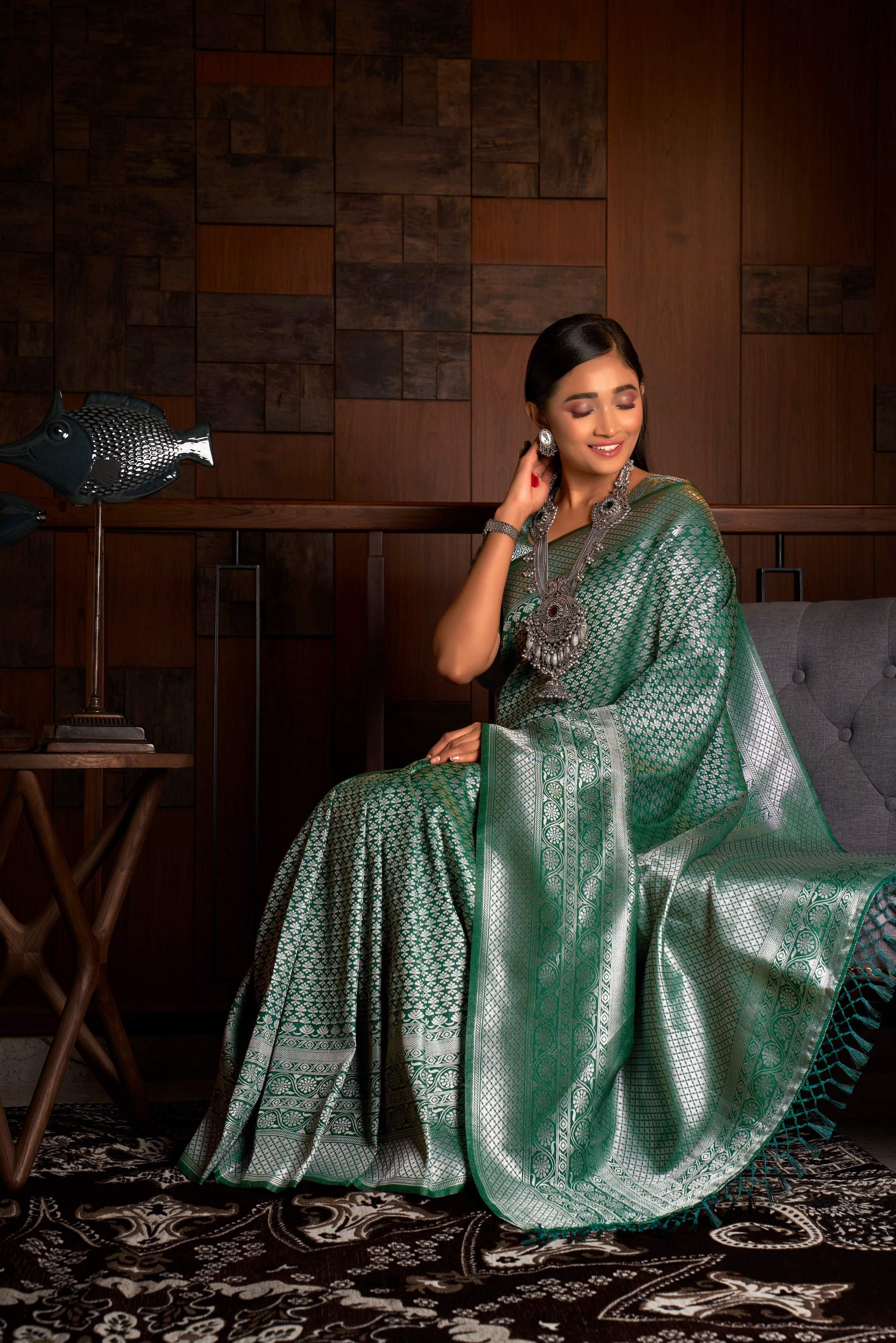Vardha Teal Green Silver Zari Kanjeevaram Silk Saree | Grocsy