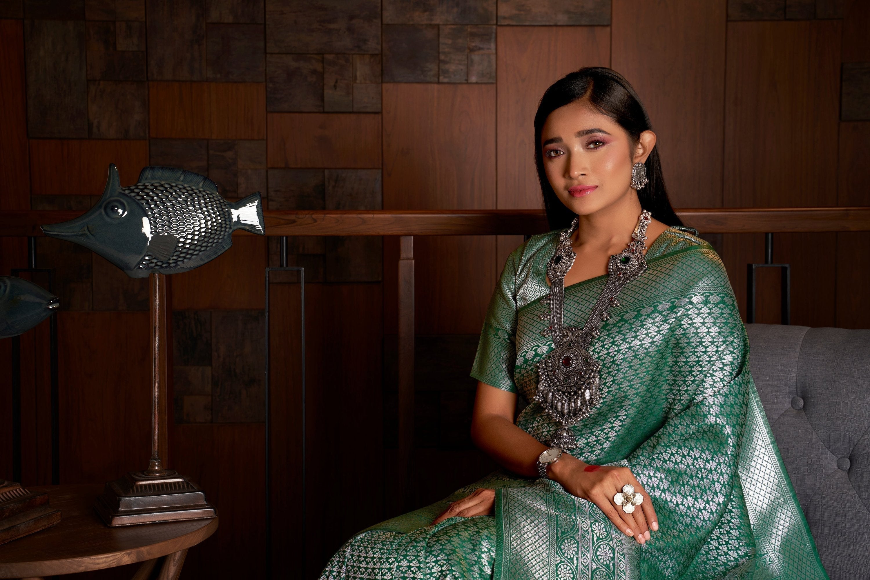 Vardha Teal Green Silver Zari Kanjeevaram Silk Saree | Grocsy
