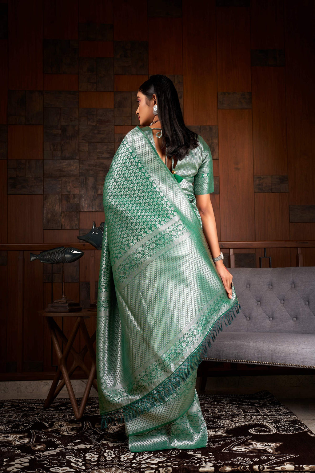 Vardha Teal Green Silver Zari Kanjeevaram Silk Saree | Grocsy